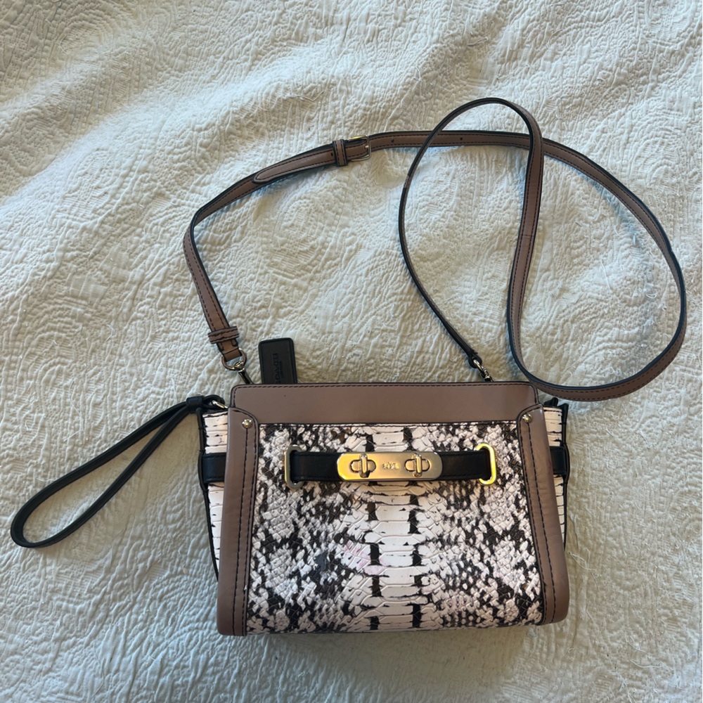 Coach Mini Swagger Crossbody Bag Snakeskin Leather White Black Taupe 37444